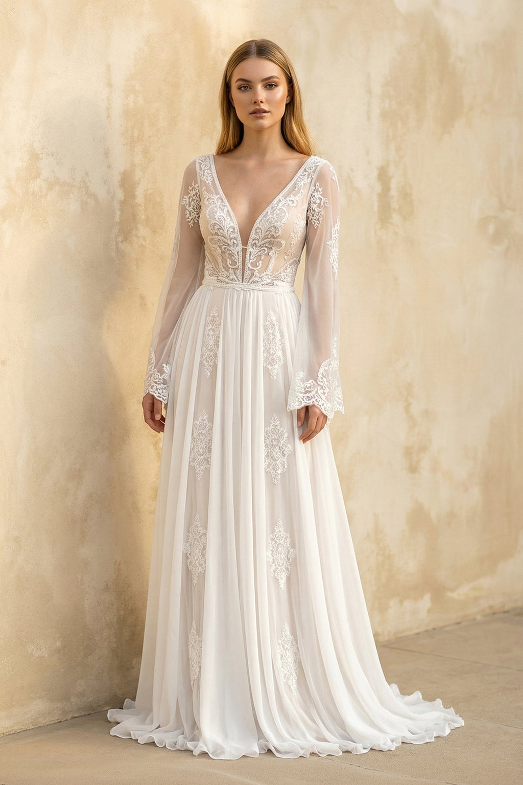 A-Line Boho Lace Wedding Dress with Sleeves Plunging Neckline Sweep Train - Curvevia
