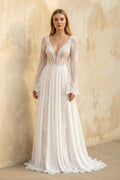 A-Line Boho Lace Wedding Dress with Sleeves Plunging Neckline Sweep Train - Curvevia