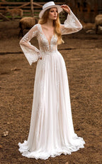 A-Line Boho Lace Wedding Dress with Sleeves Plunging Neckline Sweep Train - Curvevia