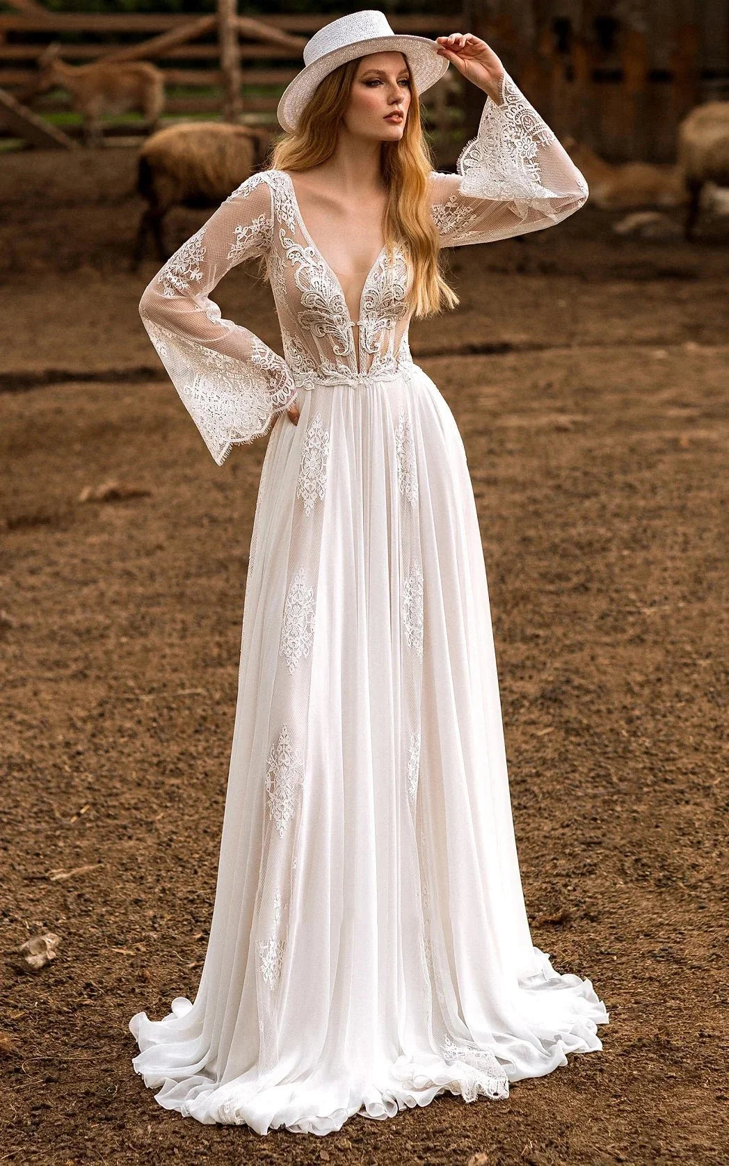 A-Line Boho Lace Wedding Dress with Sleeves Plunging Neckline Sweep Train - Curvevia