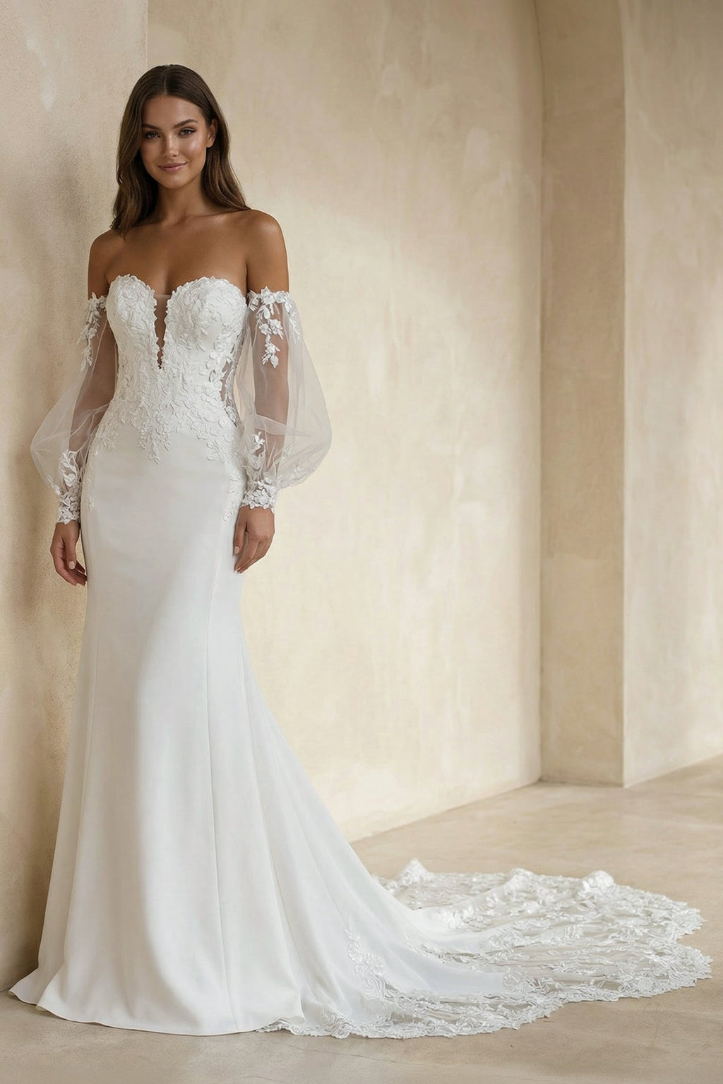 Ethereal Mermaid Plunging Neck Chiffon Tulle Wedding Dress with Appliques - Curvevia