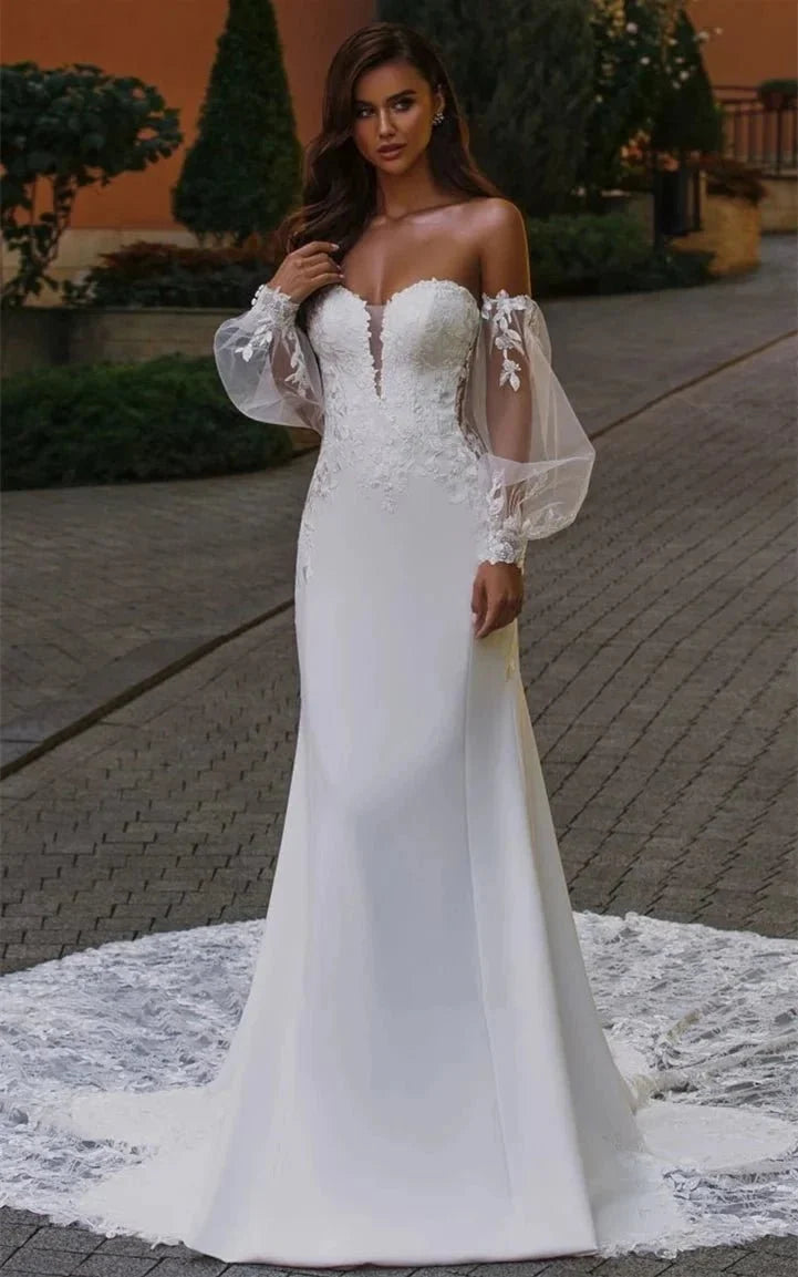 Ethereal Mermaid Plunging Neck Chiffon Tulle Wedding Dress with Appliques - Curvevia