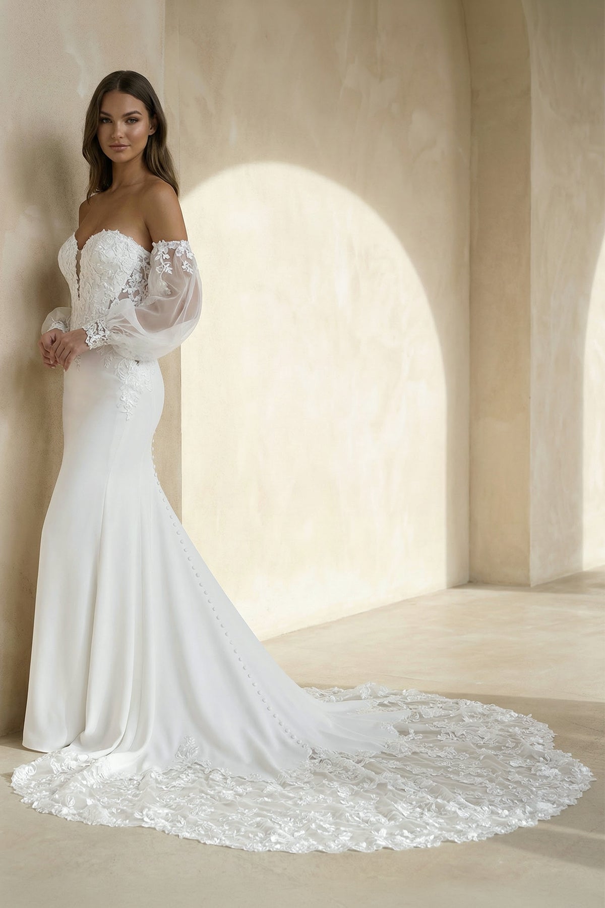 Ethereal Mermaid Plunging Neck Chiffon Tulle Wedding Dress with Appliques - Curvevia
