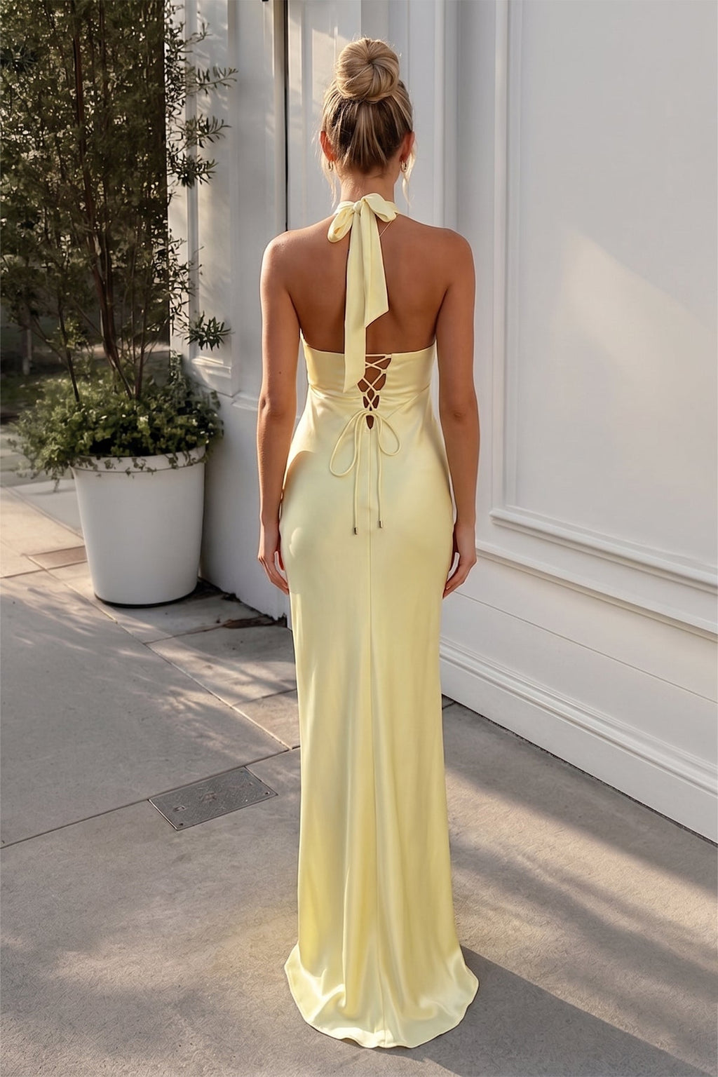 Yellow - Halter Sheath Satin Long Evening Dress With Cutout - Curvevia