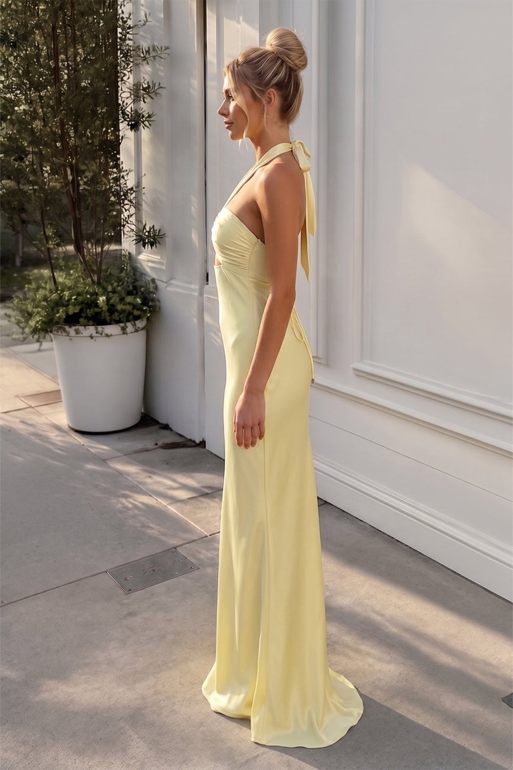 Yellow - Halter Sheath Satin Long Evening Dress With Cutout - Curvevia