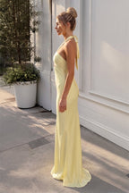 Yellow - Halter Sheath Satin Long Evening Dress With Cutout - Curvevia