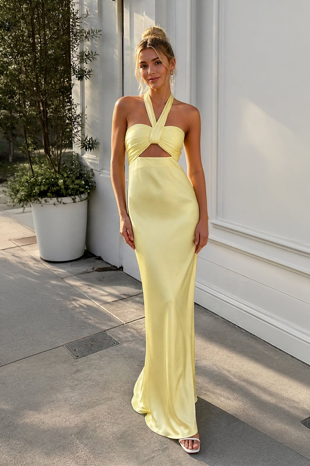 Yellow - Halter Sheath Satin Long Evening Dress With Cutout - Curvevia