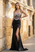Black Mermaid Spaghetti Straps Sequins Long Prom Dresses with Slit - Curvevia