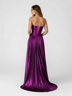 A Line Strapless Purple Pleated Metallic Long Evening Dress with Slit - Curvevia