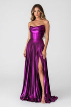A Line Strapless Purple Pleated Metallic Long Evening Dress with Slit - Curvevia