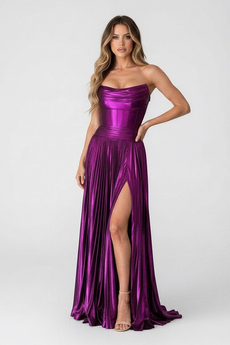 A Line Strapless Purple Pleated Metallic Long Evening Dress with Slit - Curvevia