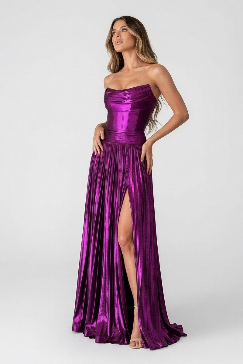 A Line Strapless Purple Pleated Metallic Long Evening Dress with Slit - Curvevia
