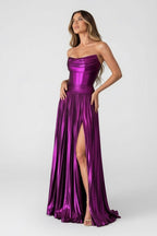 A Line Strapless Purple Pleated Metallic Long Evening Dress with Slit - Curvevia