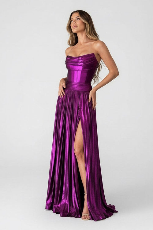 A Line Strapless Purple Pleated Metallic Long Evening Dress with Slit - Curvevia