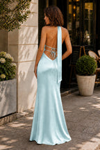 Yellow - Halter Deep V Neck Satin Sheath Backless Long Evening Dress - Curvevia