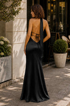 Yellow - Halter Deep V Neck Satin Sheath Backless Long Evening Dress - Curvevia