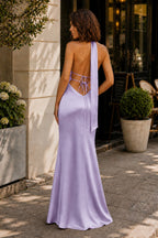 Yellow - Halter Deep V Neck Satin Sheath Backless Long Evening Dress - Curvevia
