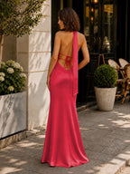 Yellow - Halter Deep V Neck Satin Sheath Backless Long Evening Dress - Curvevia