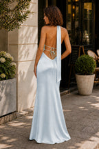 Yellow - Halter Deep V Neck Satin Sheath Backless Long Evening Dress - Curvevia