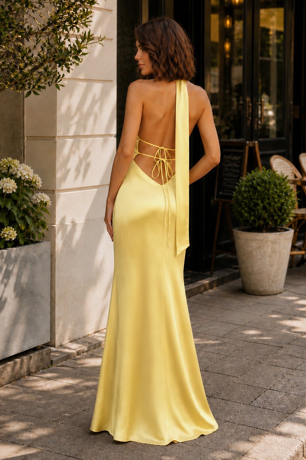 Yellow - Halter Deep V Neck Satin Sheath Backless Long Evening Dress - Curvevia