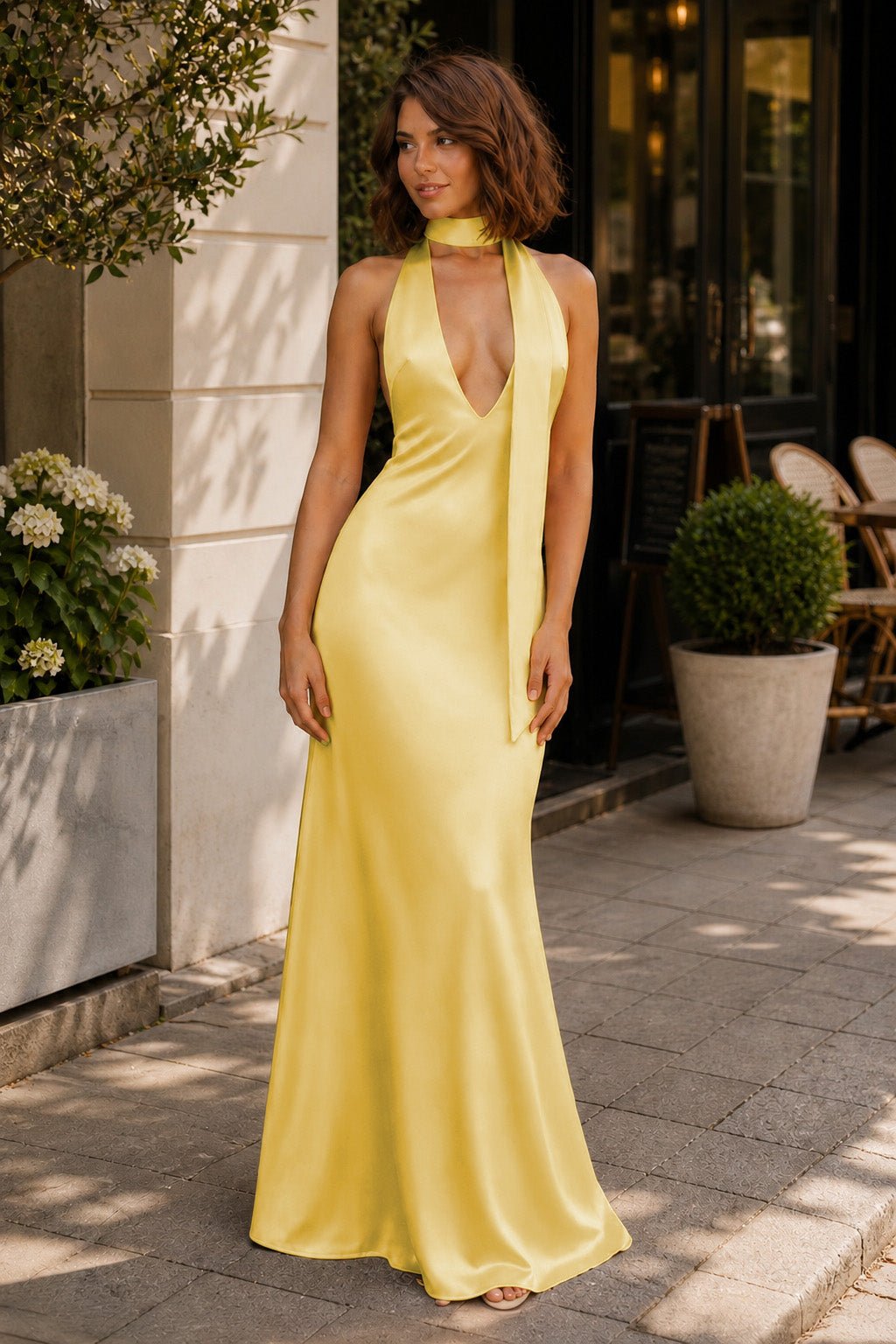 Yellow - Halter Deep V Neck Satin Sheath Backless Long Evening Dress - Curvevia