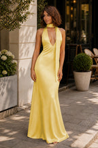 Yellow - Halter Deep V Neck Satin Sheath Backless Long Evening Dress - Curvevia