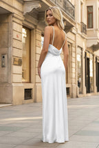 Yellow Sheath Spaghetti Straps Satin Long Prom Dresses With Pearls - Curvevia