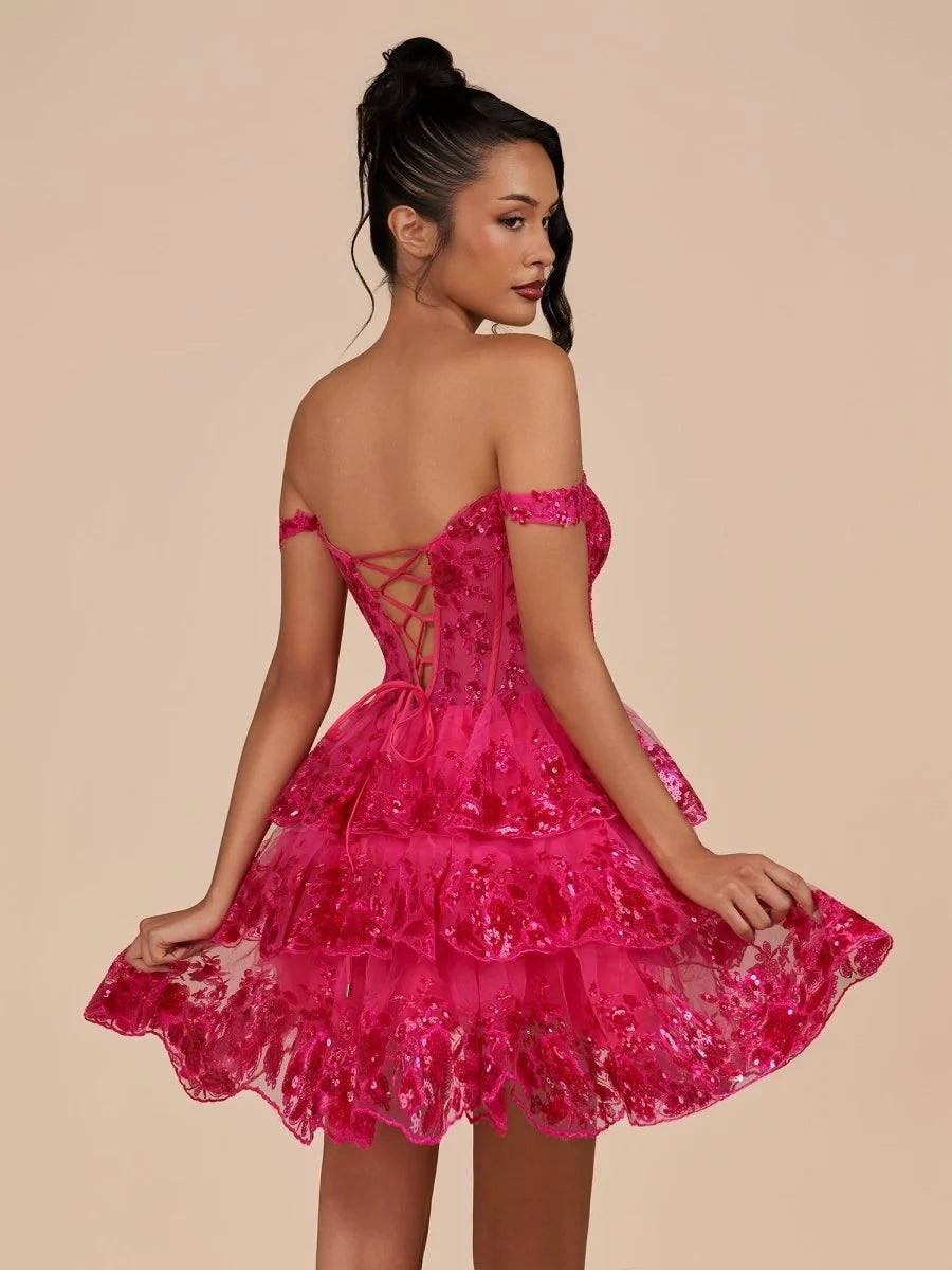 Navy Blue A-Line Sweetheart Tiered Short Homecoming Dresses - Curvevia
