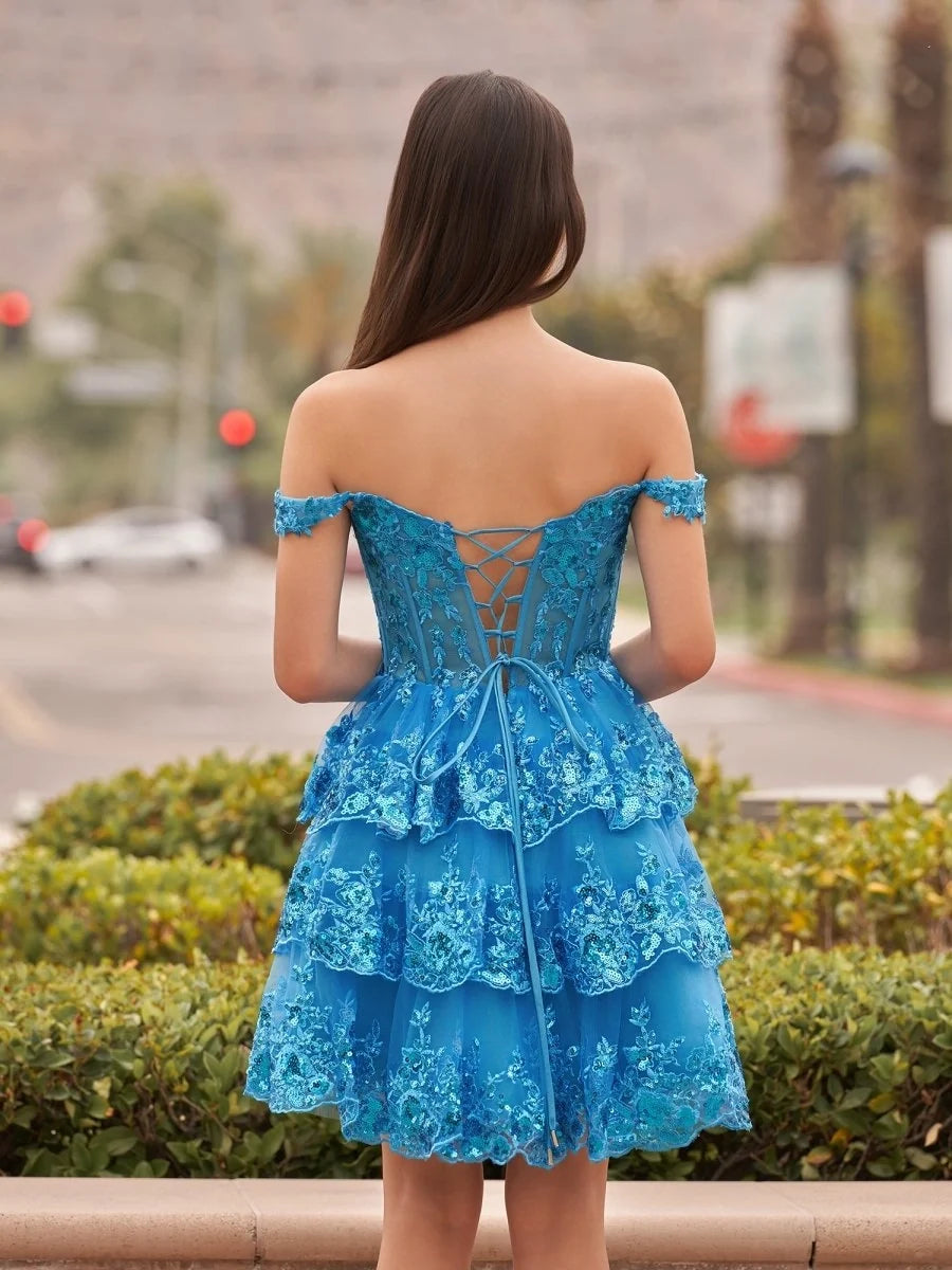 Navy Blue A-Line Sweetheart Tiered Short Homecoming Dresses - Curvevia