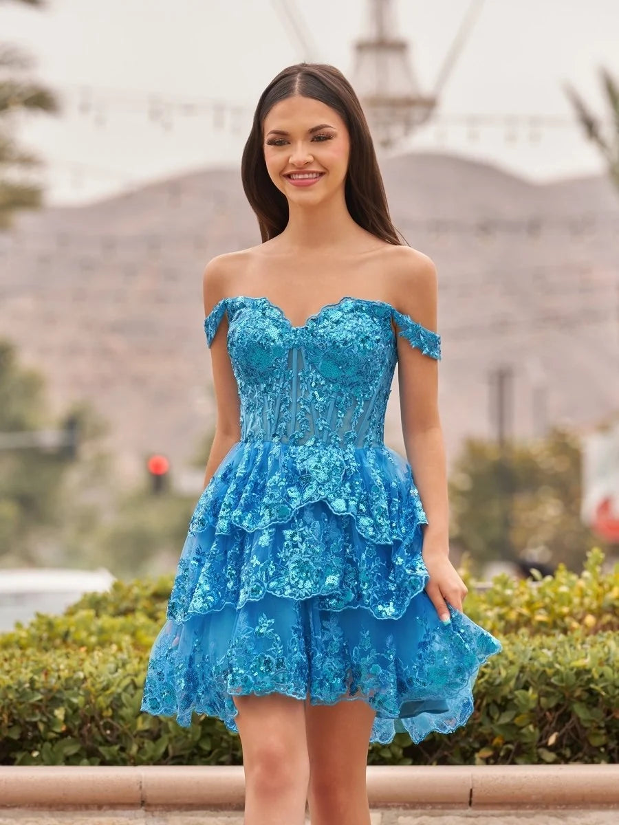 Navy Blue A-Line Sweetheart Tiered Short Homecoming Dresses - Curvevia
