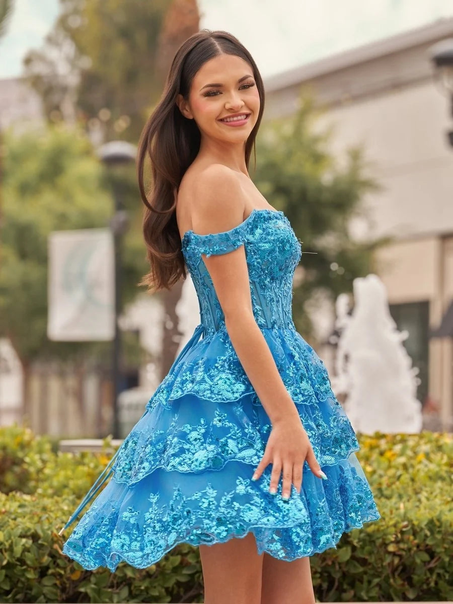 Navy Blue A-Line Sweetheart Tiered Short Homecoming Dresses - Curvevia
