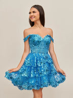 Navy Blue A-Line Sweetheart Tiered Short Homecoming Dresses - Curvevia