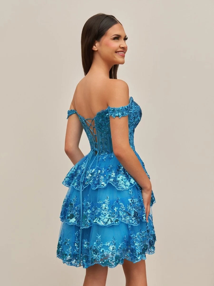 Navy Blue A-Line Sweetheart Tiered Short Homecoming Dresses - Curvevia