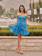 Navy Blue A-Line Sweetheart Tiered Short Homecoming Dresses - Curvevia