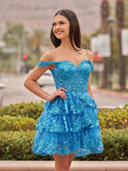 Navy Blue A-Line Sweetheart Tiered Short Homecoming Dresses - Curvevia