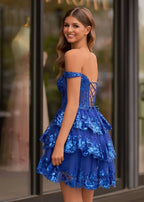 Navy Blue A-Line Sweetheart Tiered Short Homecoming Dresses - Curvevia
