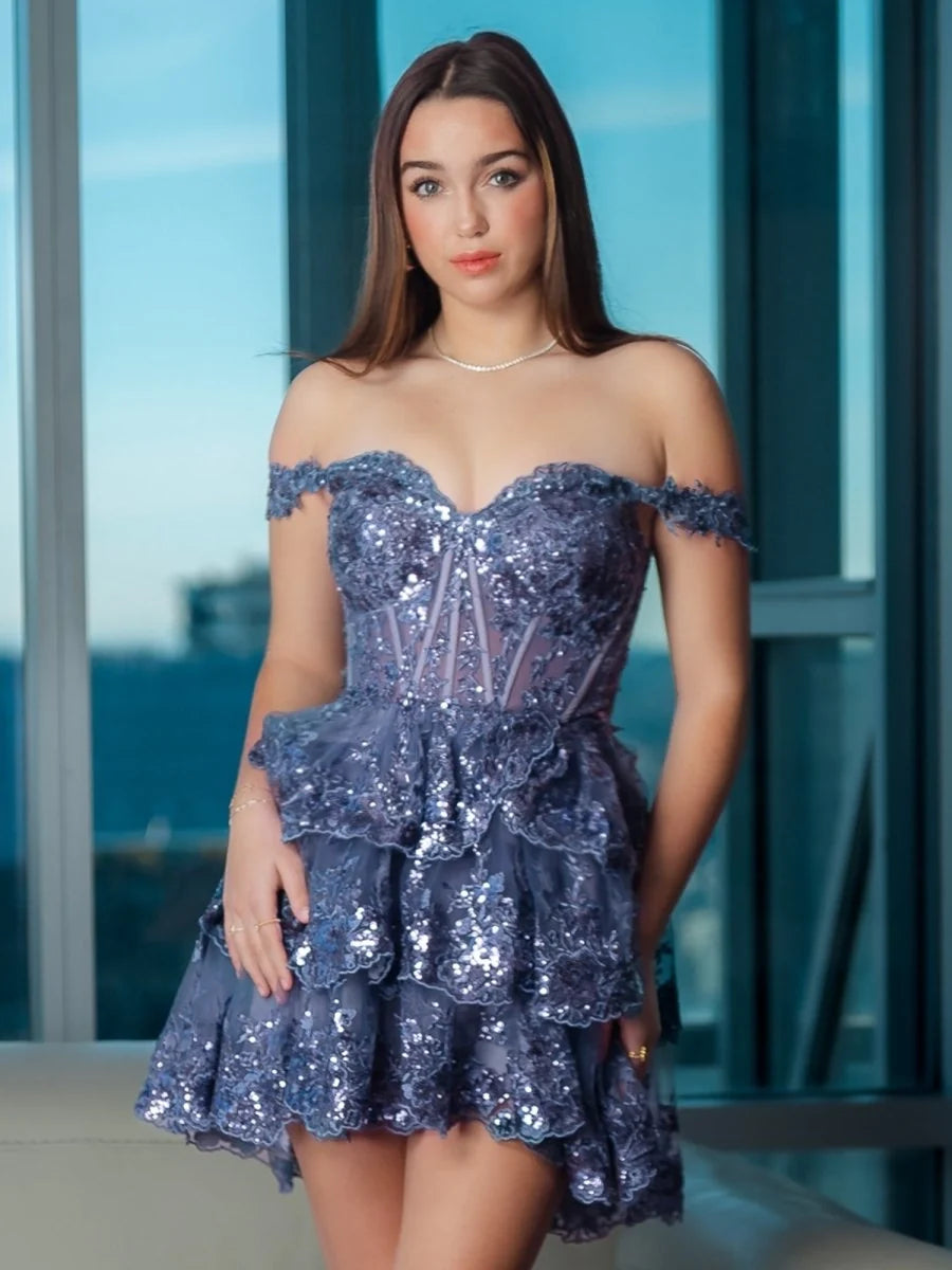 Navy Blue A-Line Sweetheart Tiered Short Homecoming Dresses - Curvevia