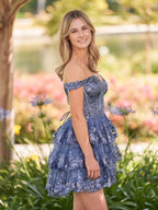 Navy Blue A-Line Sweetheart Tiered Short Homecoming Dresses - Curvevia