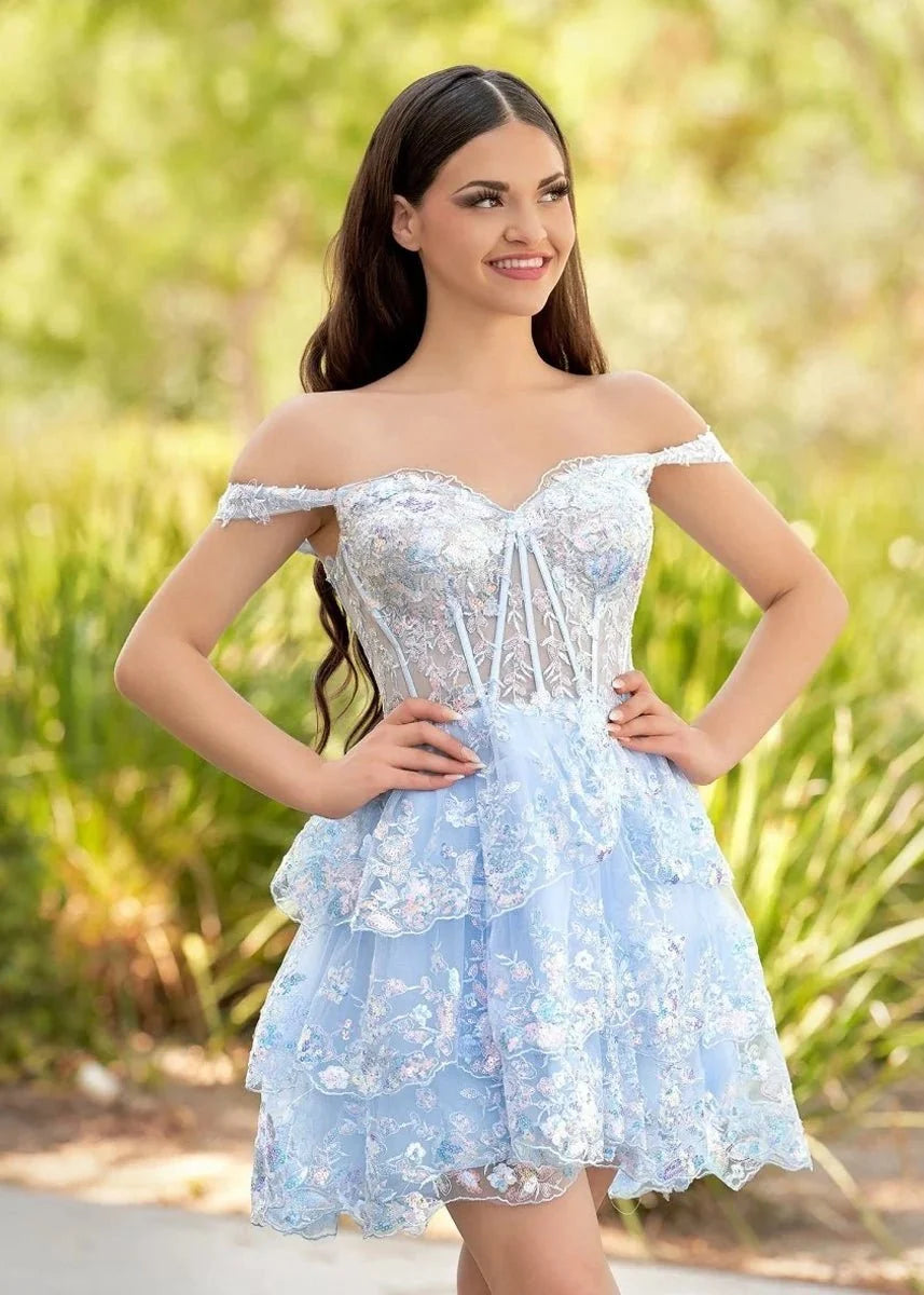 Navy Blue A-Line Sweetheart Tiered Short Homecoming Dresses - Curvevia