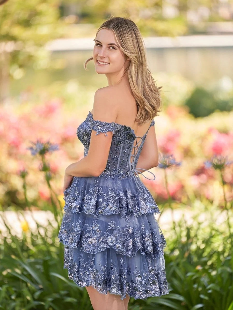 Navy Blue A-Line Sweetheart Tiered Short Homecoming Dresses - Curvevia