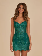 Dark Green Bodycon Sweetheart Sequined Corset Mini Homecoming Dresses - Curvevia