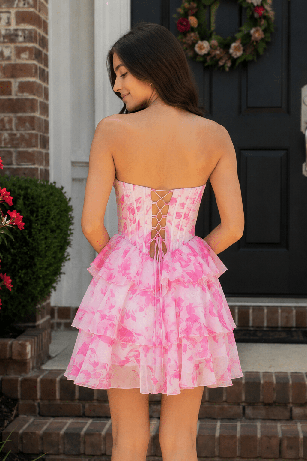 Pink A Line Sweetheart Floral Chiffon Ruffles Wedding Guest Dress With Beading - Curvevia