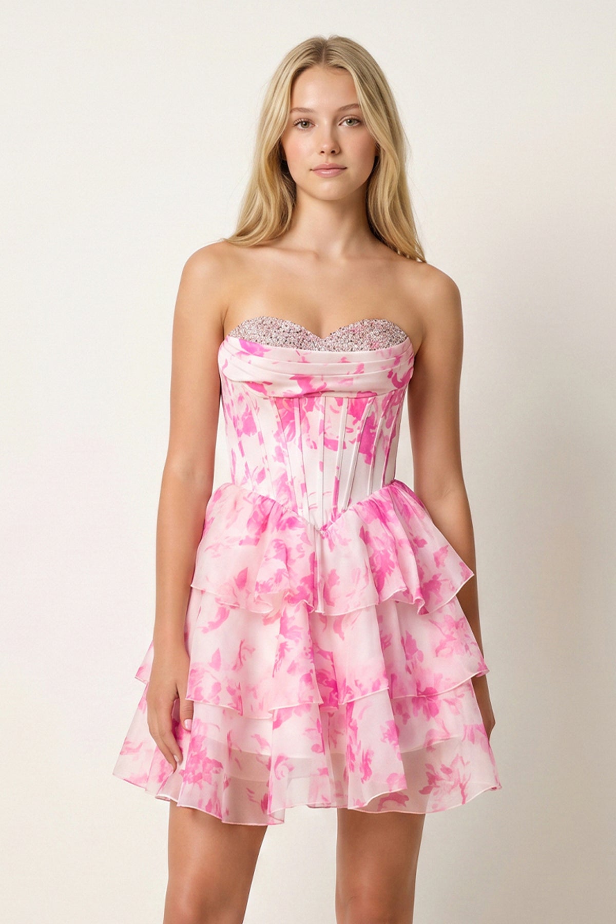 Pink A Line Sweetheart Floral Chiffon Ruffles Wedding Guest Dress With Beading - Curvevia