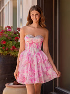 Pink A Line Sweetheart Floral Chiffon Ruffles Wedding Guest Dress With Beading - Curvevia