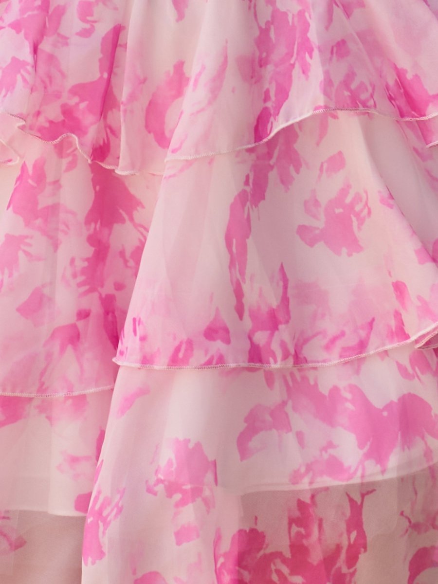 Pink A Line Sweetheart Floral Chiffon Ruffles Wedding Guest Dress With Beading - Curvevia