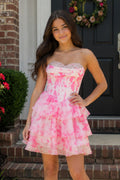 Pink A Line Sweetheart Floral Chiffon Ruffles Wedding Guest Dress With Beading - Curvevia