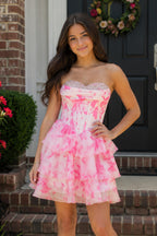 Pink A Line Sweetheart Floral Chiffon Ruffles Wedding Guest Dress With Beading - Curvevia
