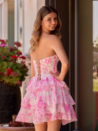 Pink A Line Sweetheart Floral Chiffon Ruffles Wedding Guest Dress With Beading - Curvevia