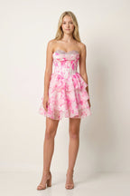 Pink A Line Sweetheart Floral Chiffon Ruffles Wedding Guest Dress With Beading - Curvevia