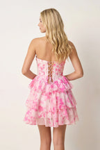 Pink A Line Sweetheart Floral Chiffon Ruffles Wedding Guest Dress With Beading - Curvevia